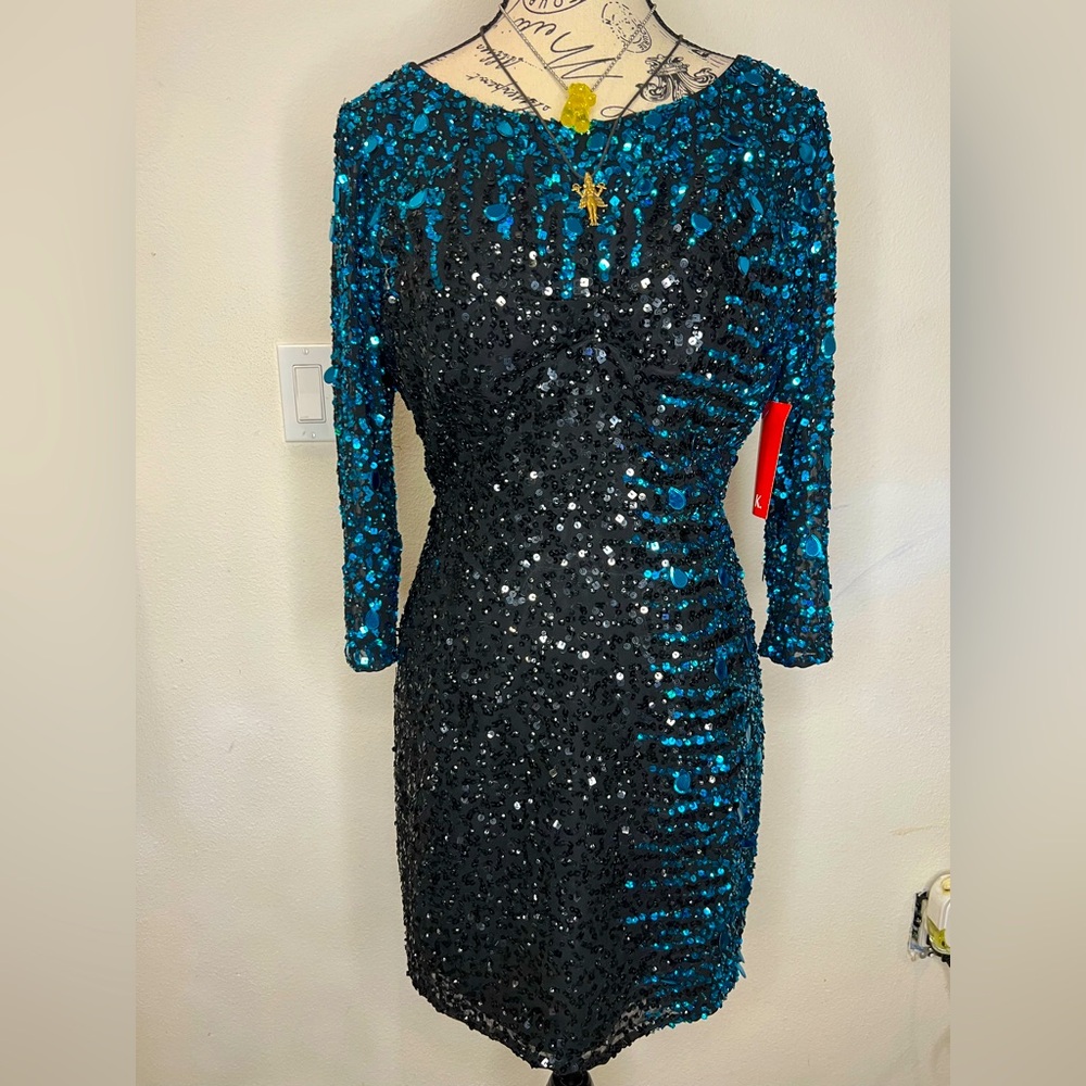 Black and Teal Sequin Long Sleeve Dress